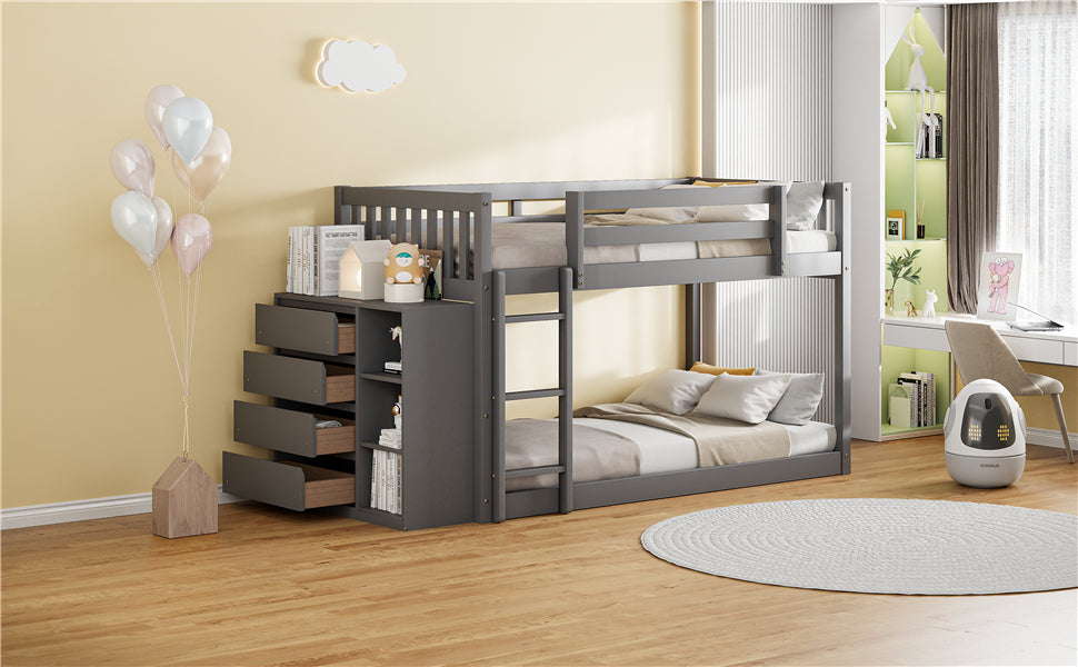 Gray wooden bunk bed with drawers and shelves