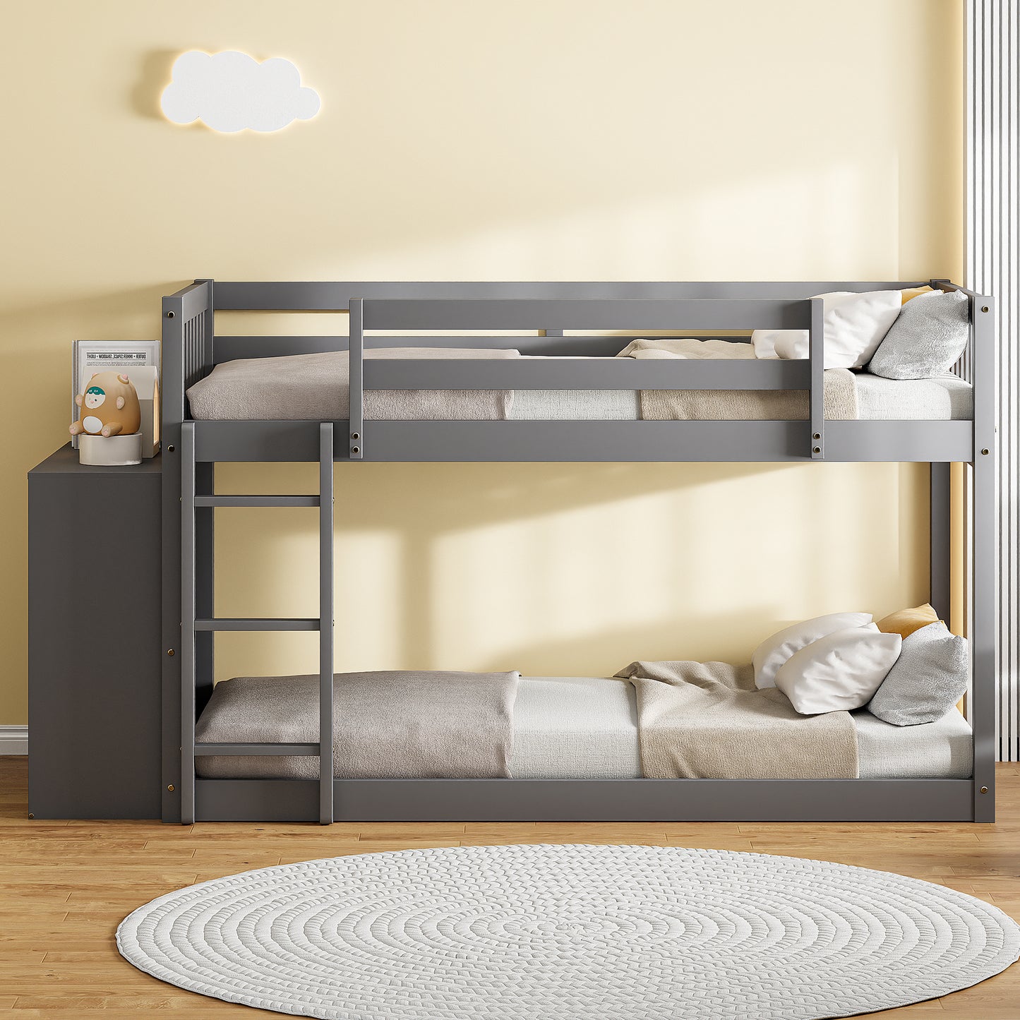 Gray wooden bunk bed with ladders and white bedding perfect for kids room