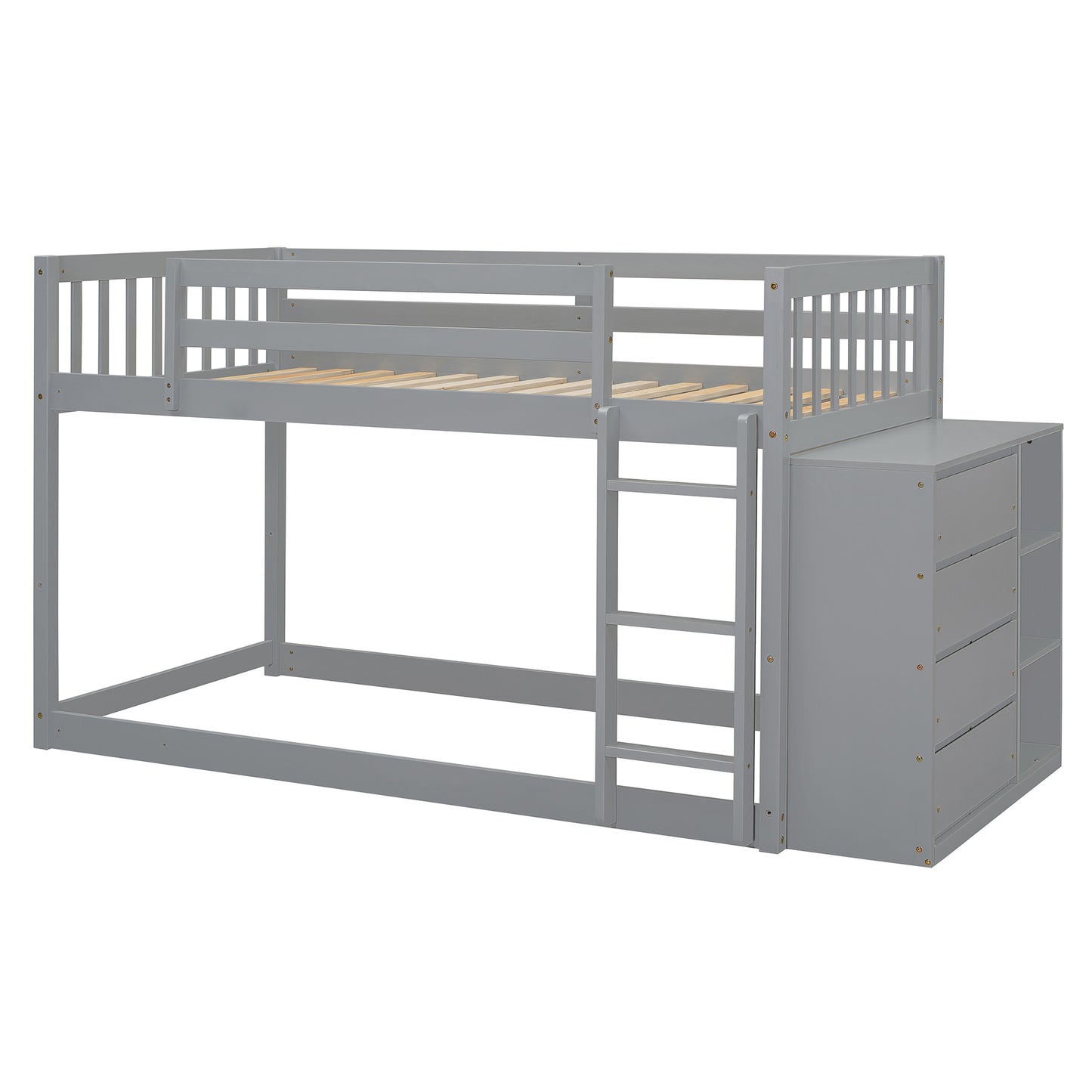 Gray twin over twin bunk bed with integrated drawers and shelving