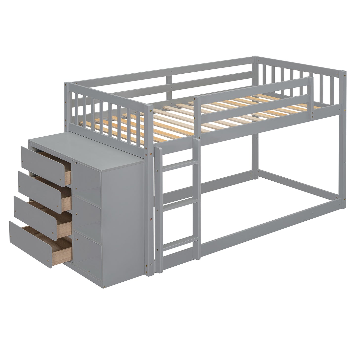 Gray wooden bunk bed with builtin drawers and ladder