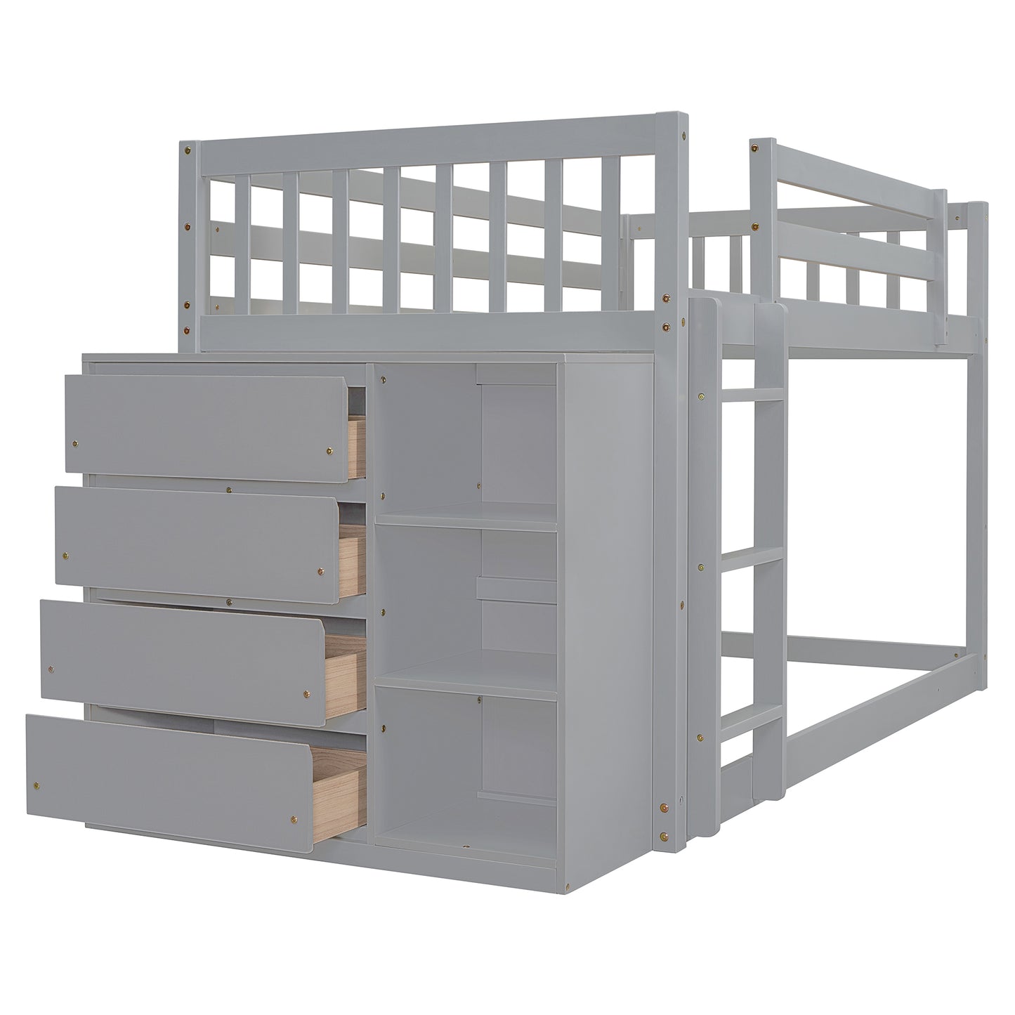 Gray loft bed with drawers and shelves