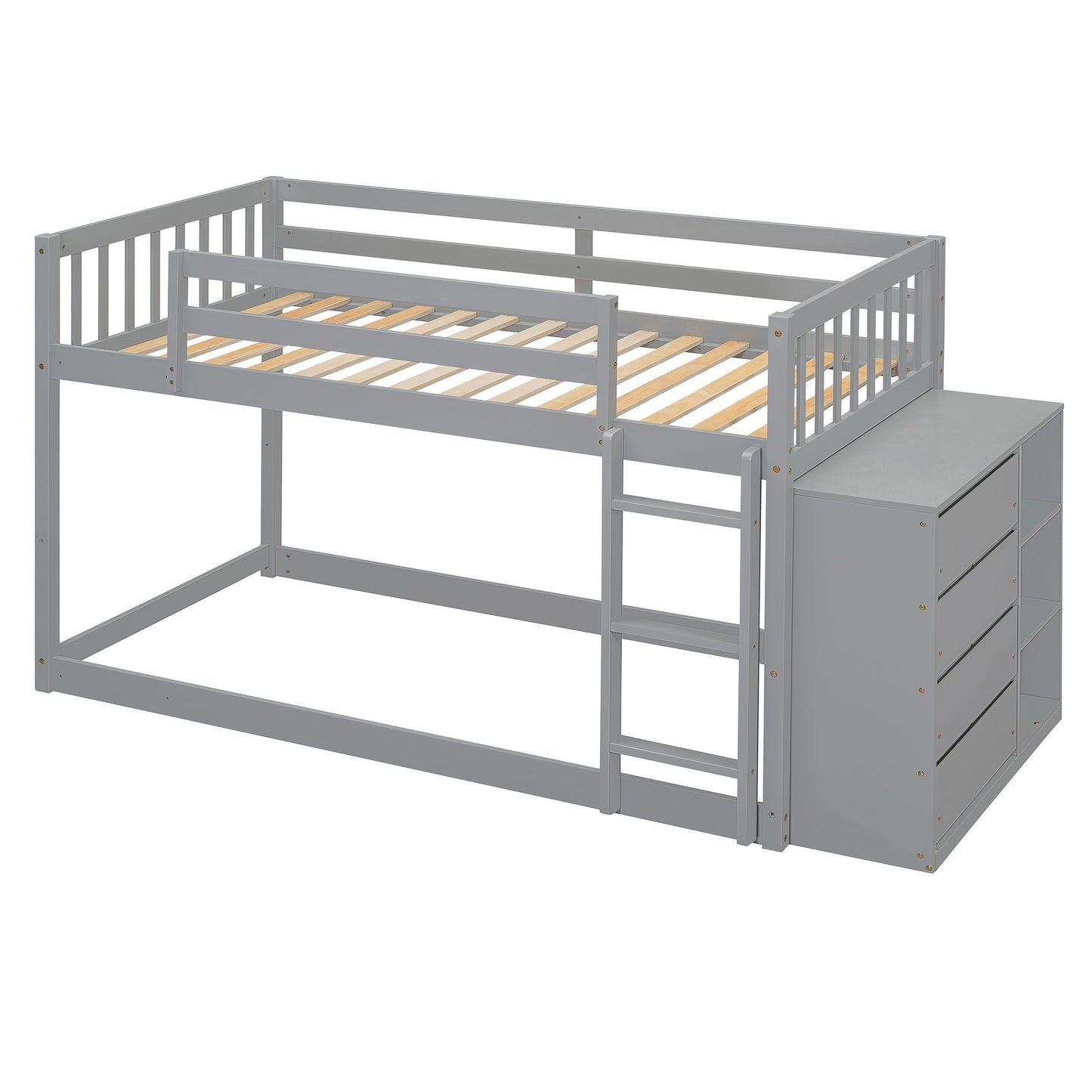 Gray twin bunk bed with storage drawers and shelves
