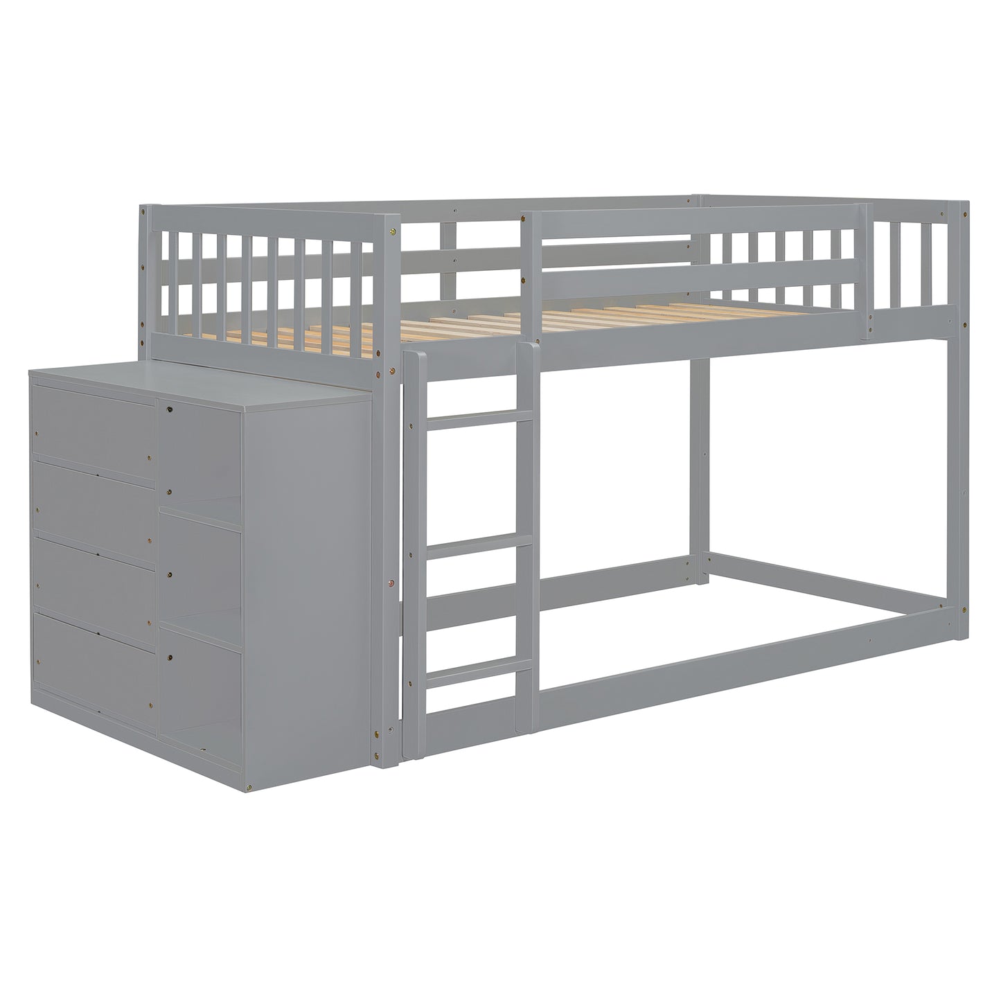 Gray wooden twin over twin bunk bed with integrated dresser and ladder for kids bedroom