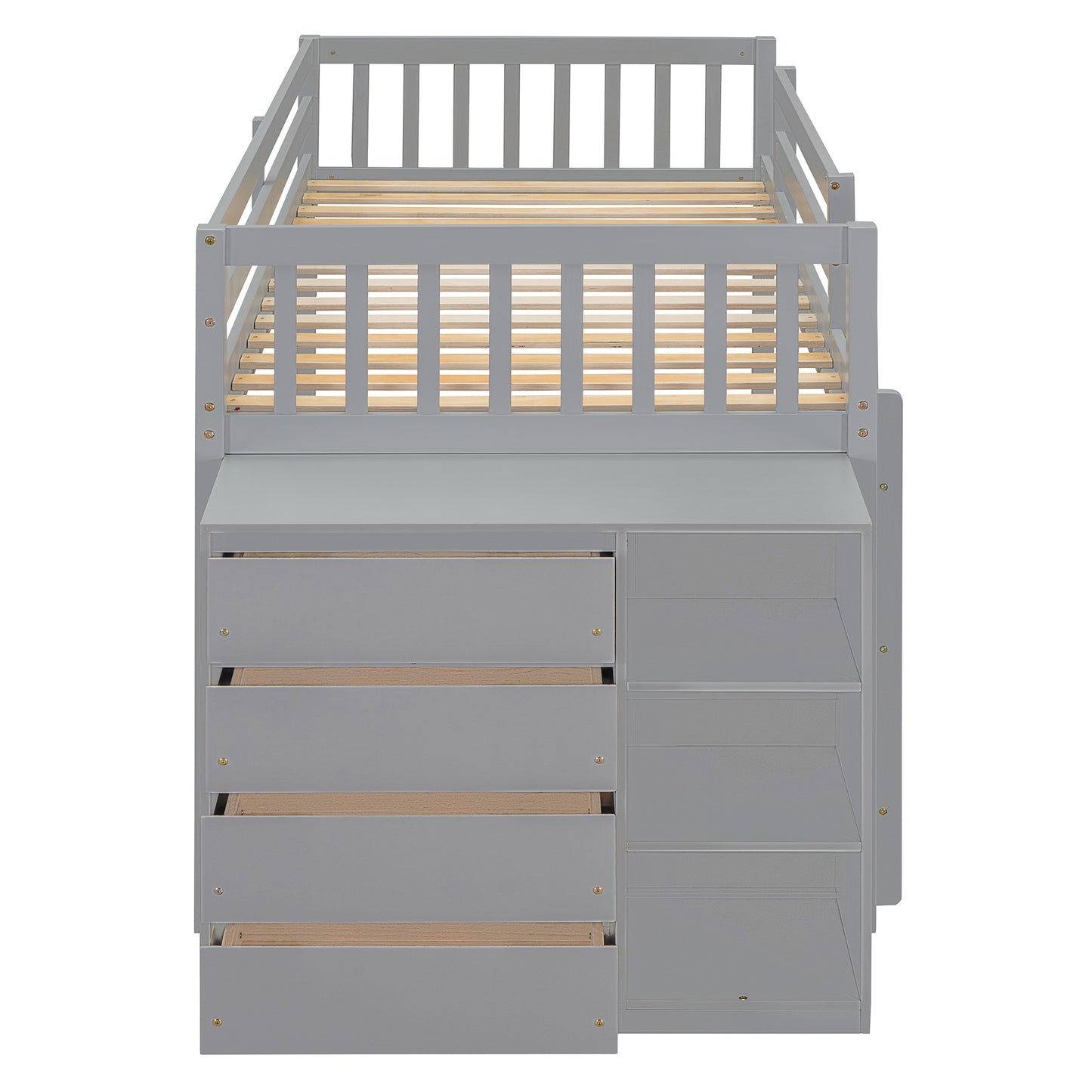 Gray loft bed with drawers and shelves