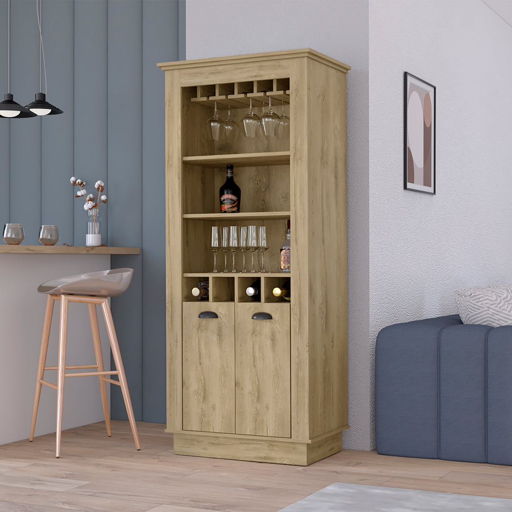 Light oak wine cabinet with glass rack and bottle storage