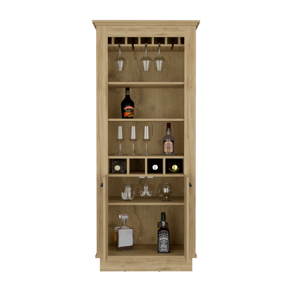 Tall oak bar cabinet with wine glass rack and bottle shelves
