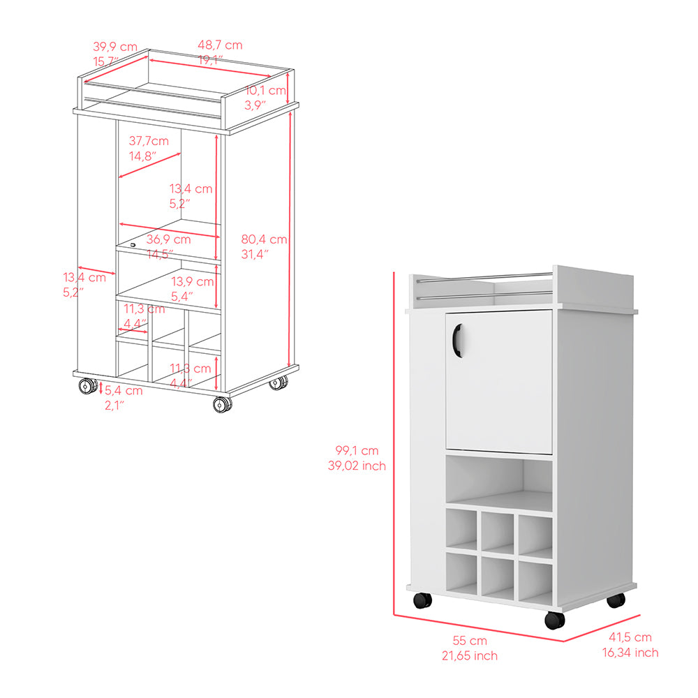 White kitchen trolley with wine rack and cabinet cm tall