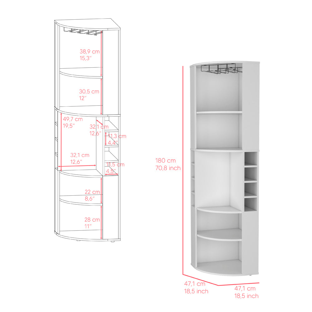 White corner cabinet with wine glass rack and tiered shelves modern design