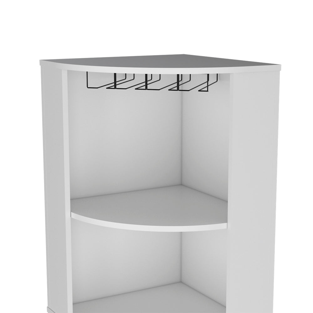 White corner bar cabinet with builtin wine glass rack and shelf