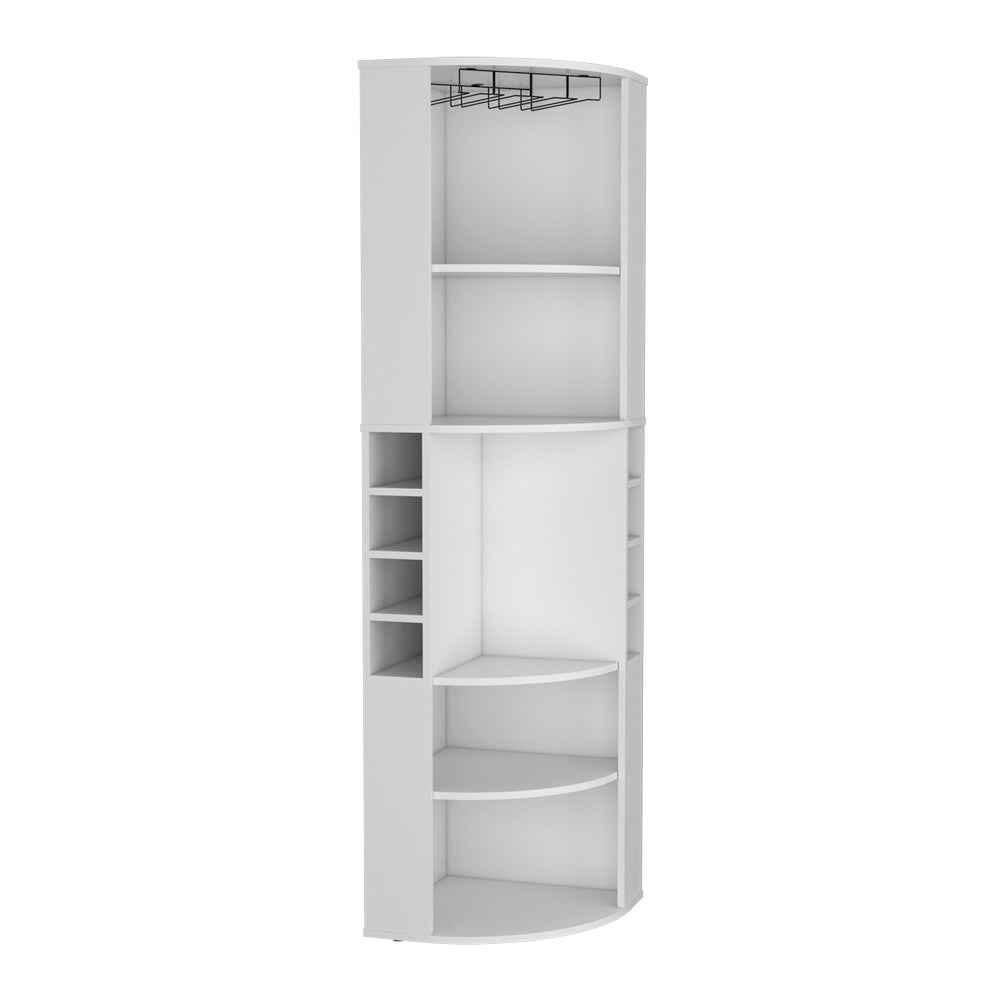 White corner bar cabinet with wine rack and glass holder