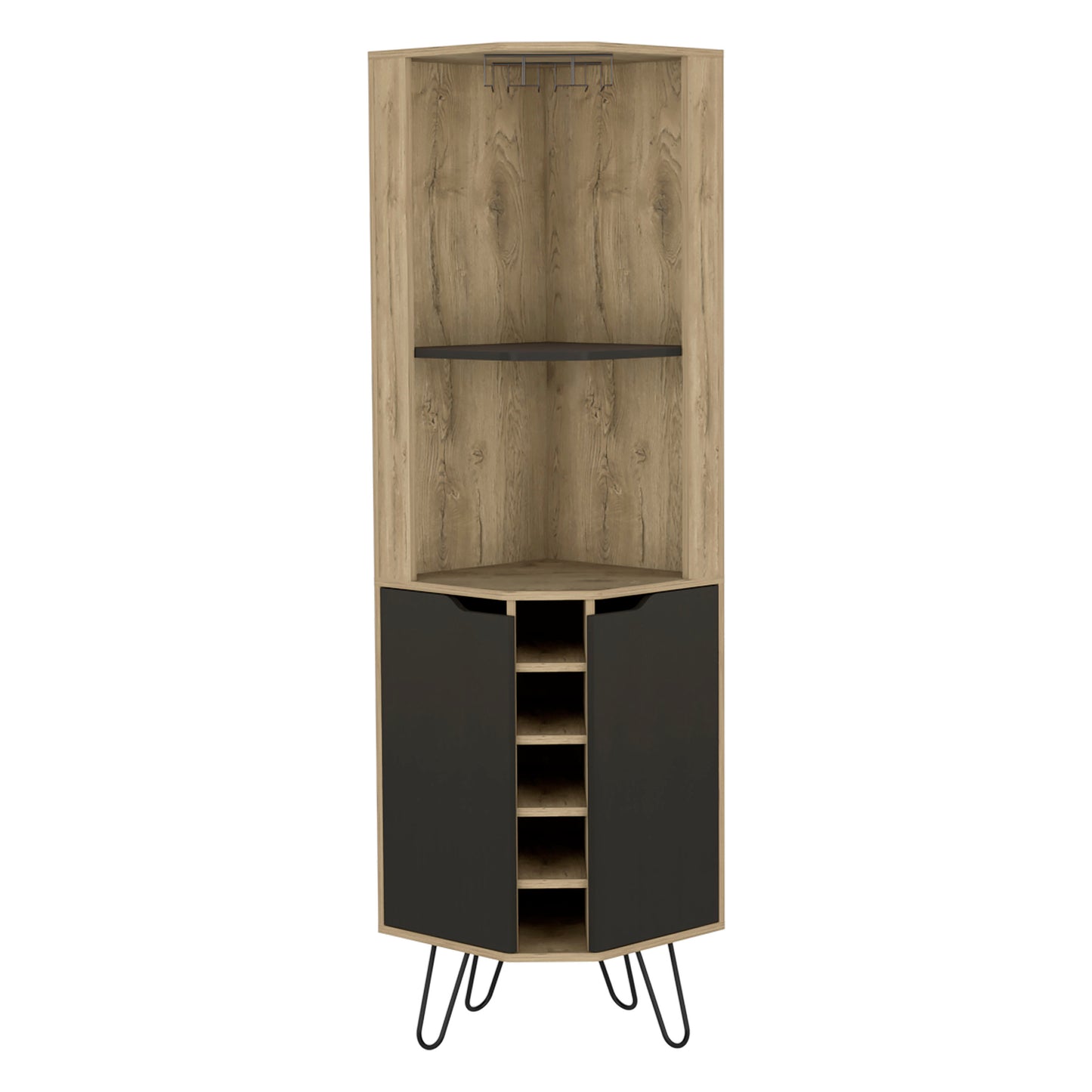 Modern corner cabinet with wine glass rack wood grain finish and black doors