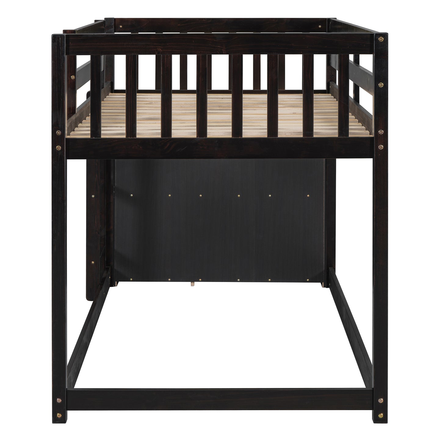 Dark espresso wood twin loft bed frame with safety rails and slatted base for kids