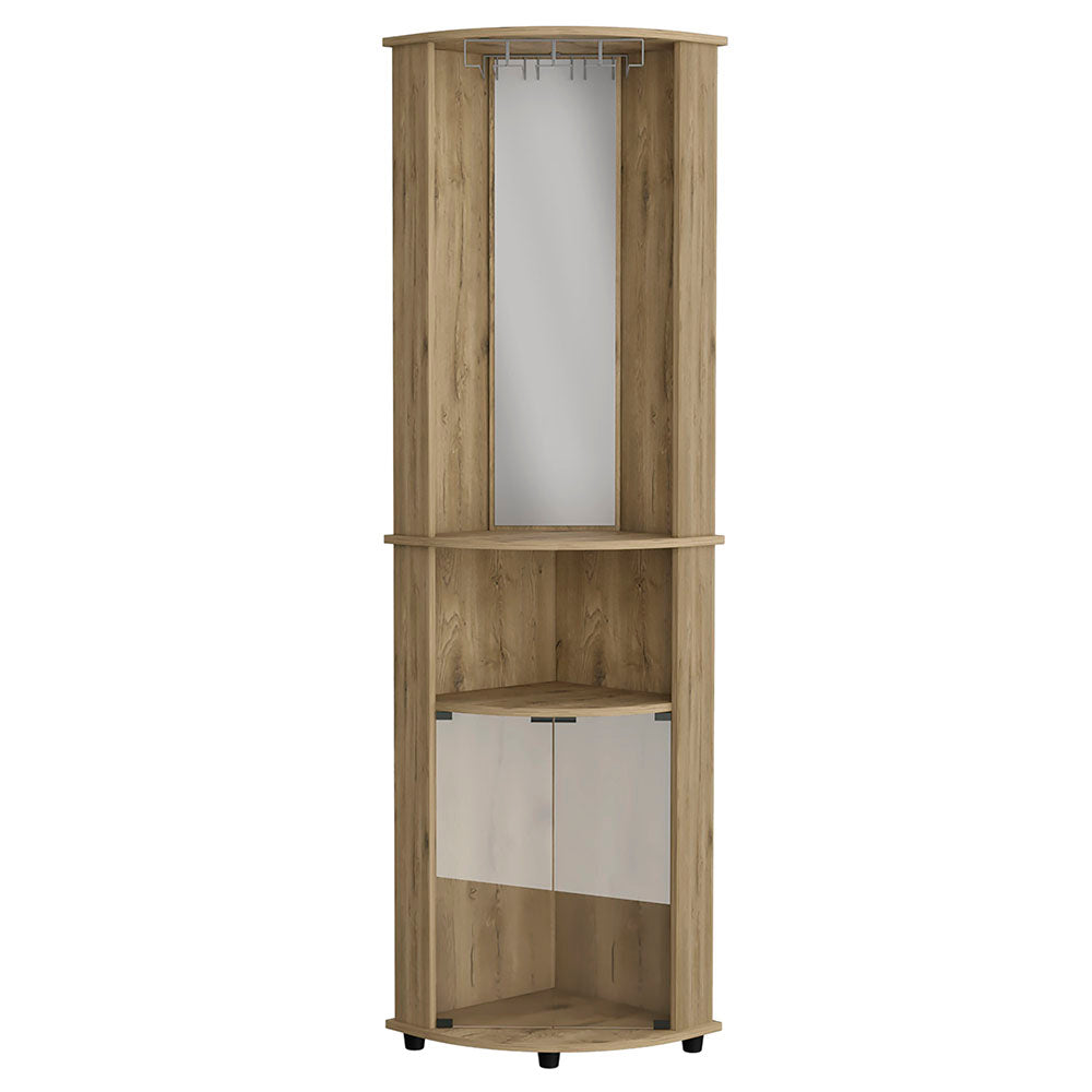 Modern oak veneer corner cabinet with mirrored doors and shelf for entryways