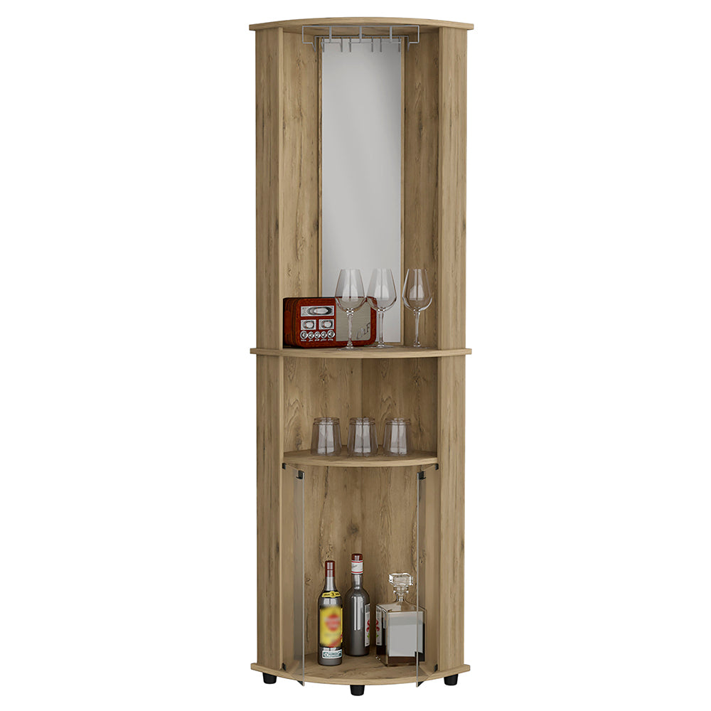 Compact corner bar cabinet with wood grain finish and mirror