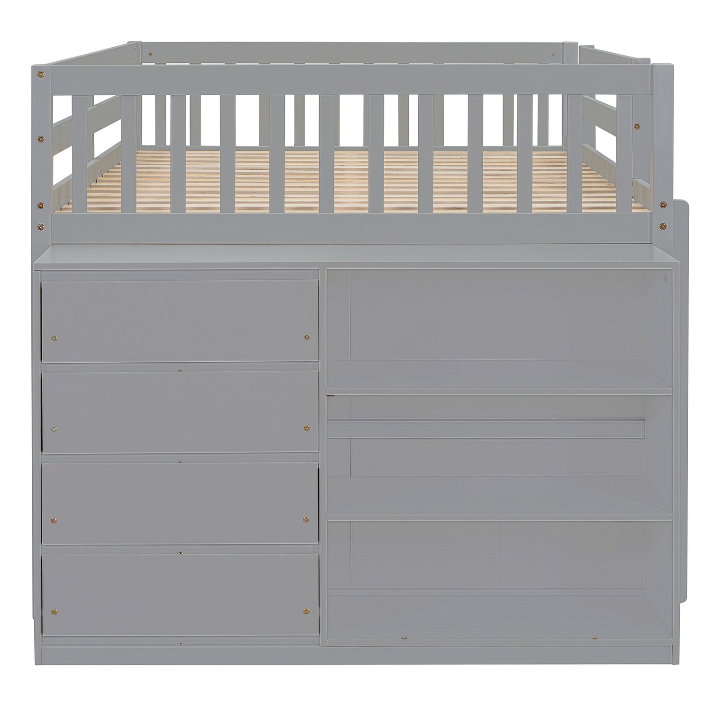 Gray loft bed with builtin drawers and shelves