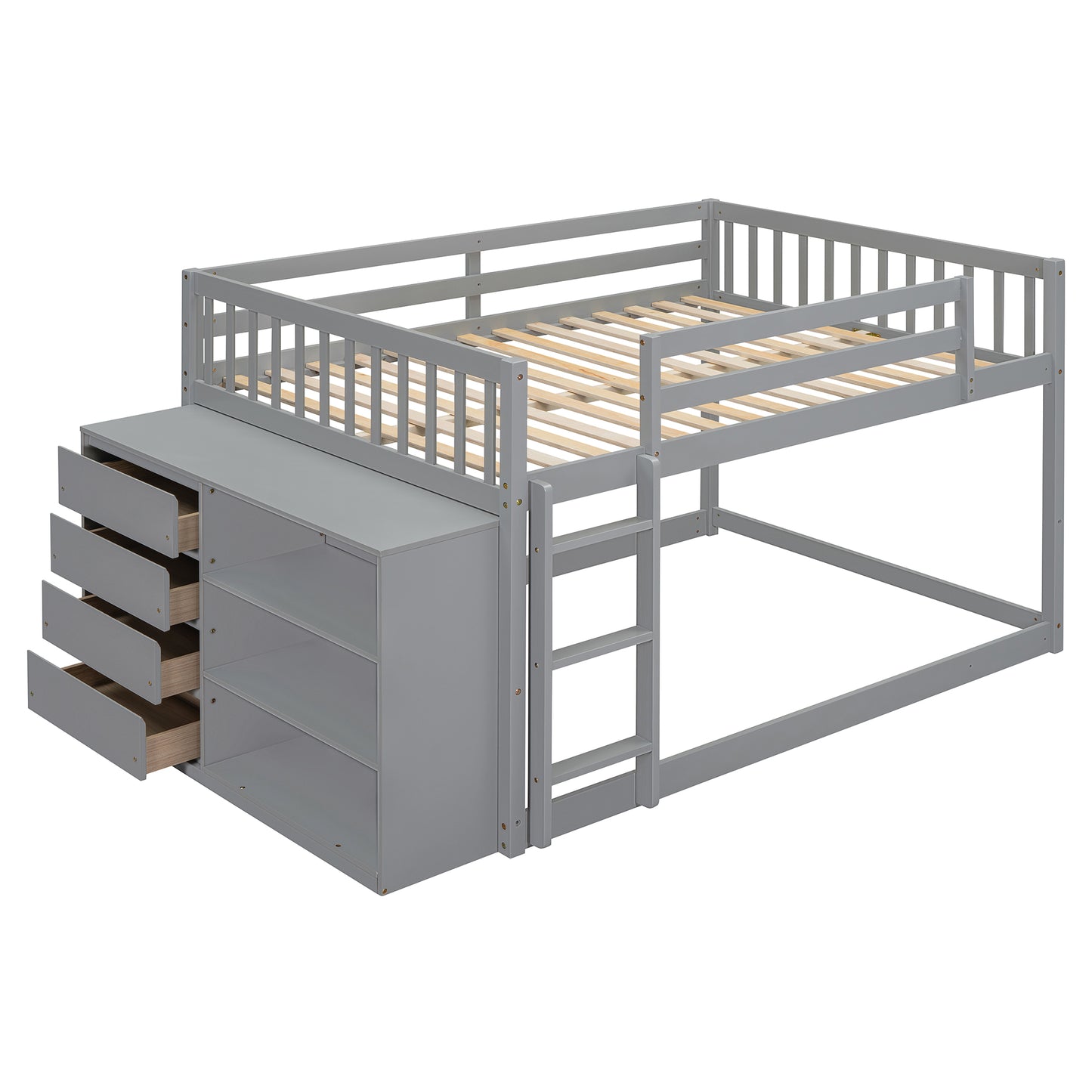 Gray loft bed with integrated dresser drawers and open shelves
