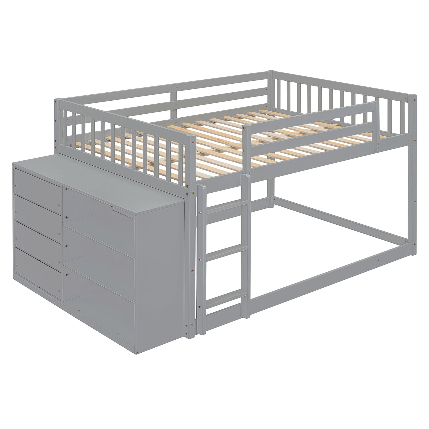 Gray wooden loft bed with integrated dresser and ladder for kids room