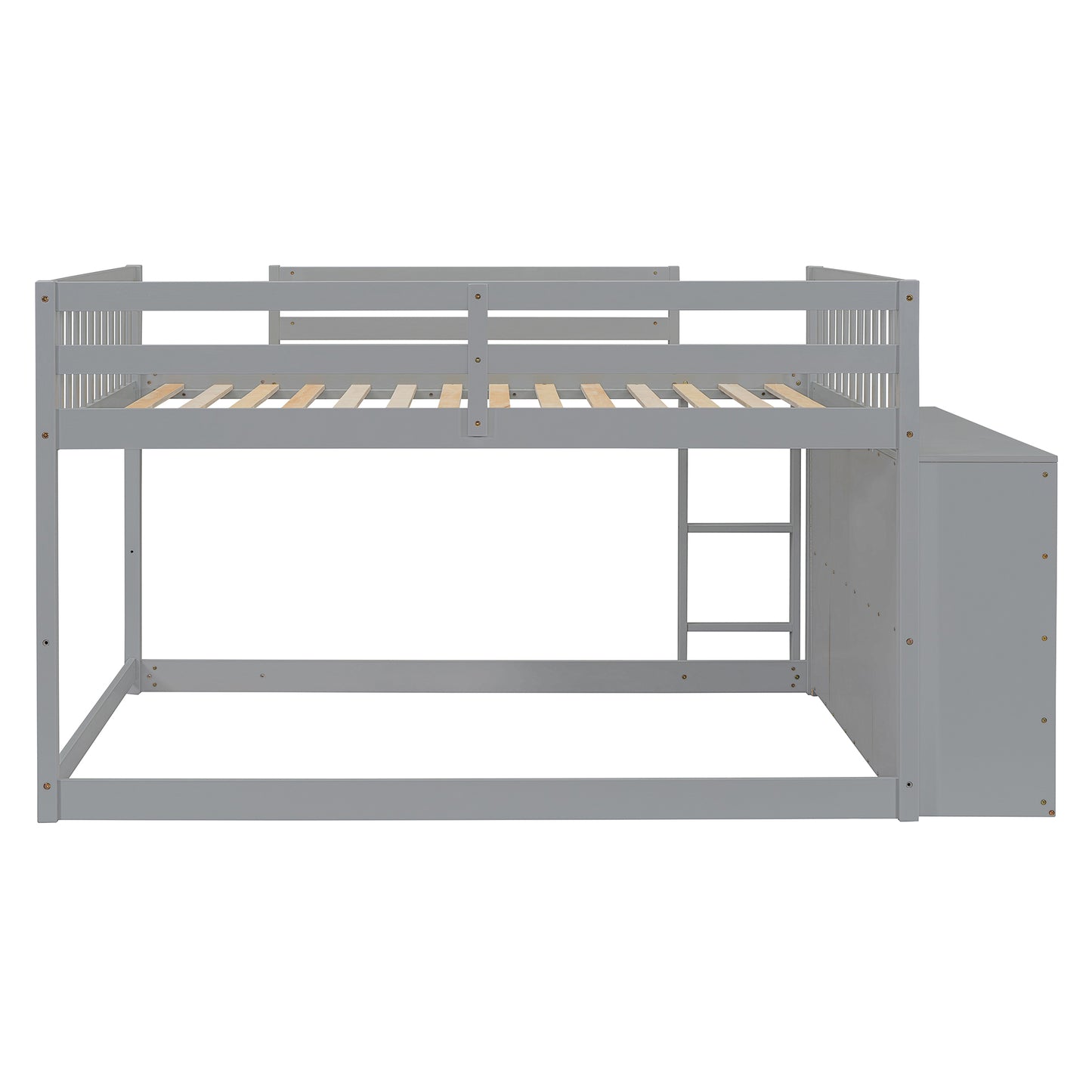 Grey wooden bunk bed with attached storage cabinet and ladder