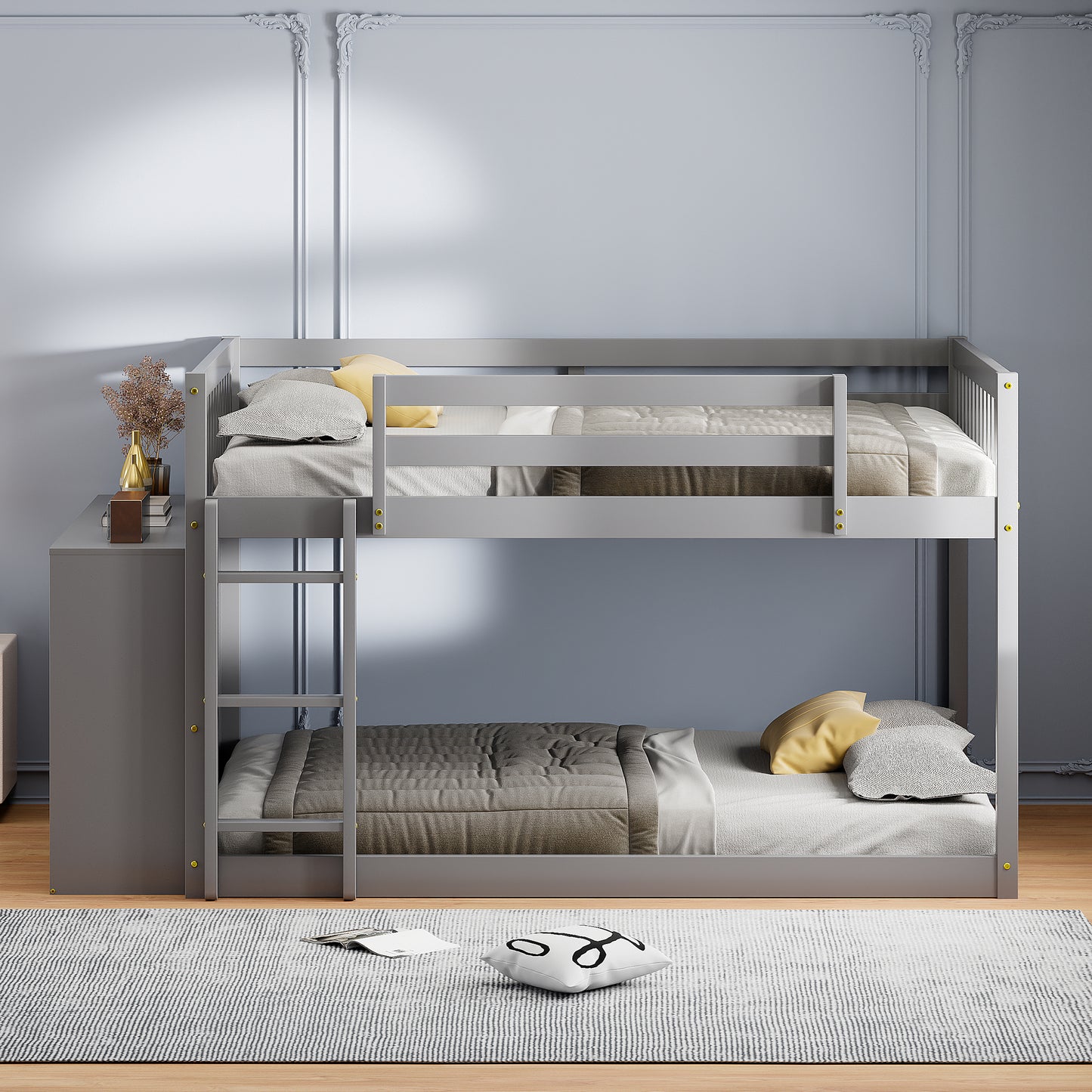Gray wooden bunk bed with attached storage unit and ladder