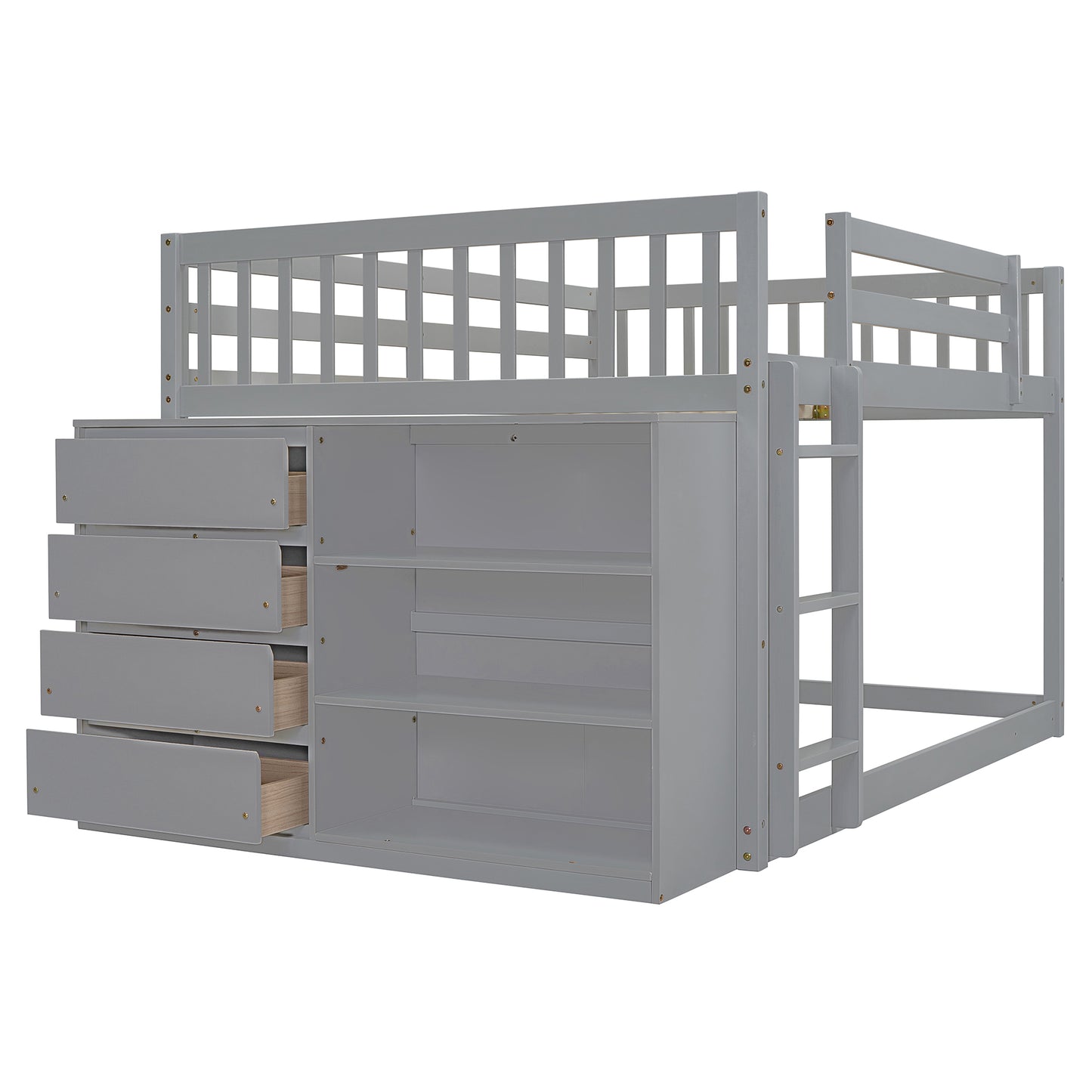 Gray loft bed with four drawers and open shelving