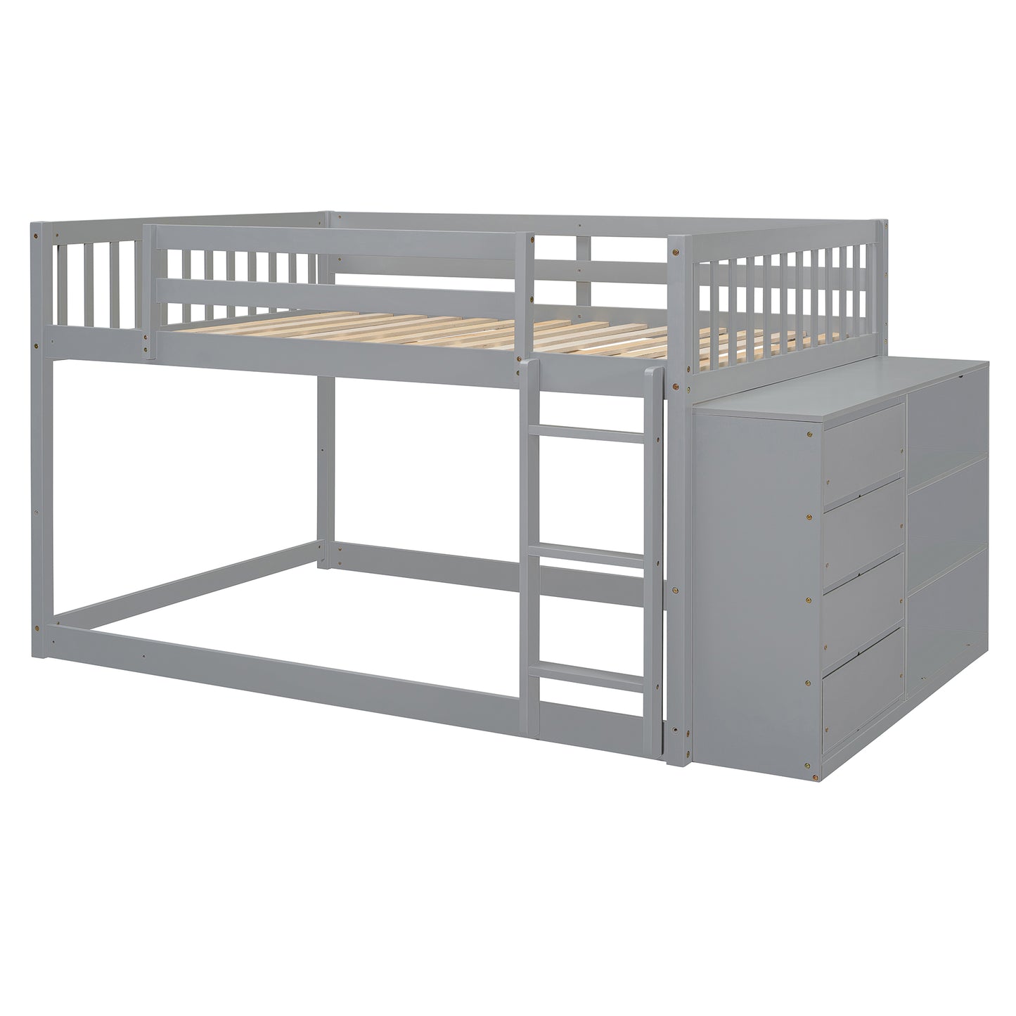 Gray wooden loft bed with drawers and shelves