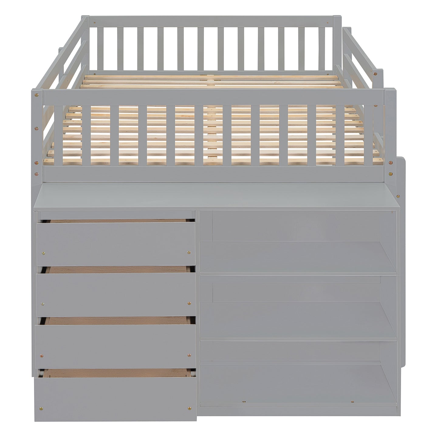 Gray loft bed with open drawers and shelves for toy storage