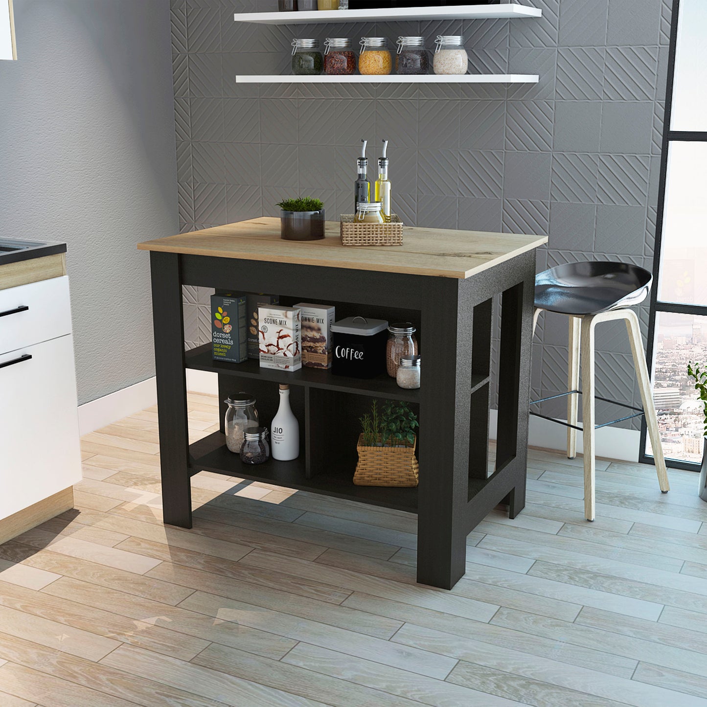TREATLIFE HOME Transitional Kitchen Island with Three Shelves for Organization, Black Wengue and Light Oak Finish