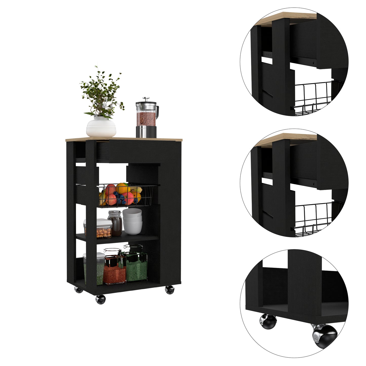 Black kitchen cart with butcher block top and storage baskets
