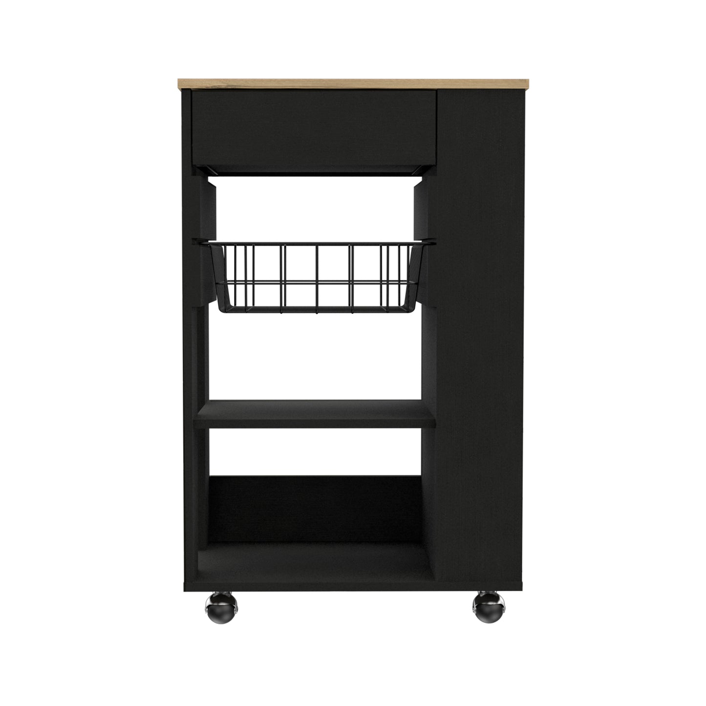 Black rolling kitchen cart with woodeffect top and wire basket
