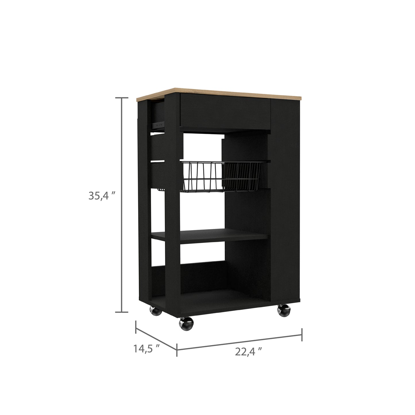 Black kitchen cart with wooden top and wire basket