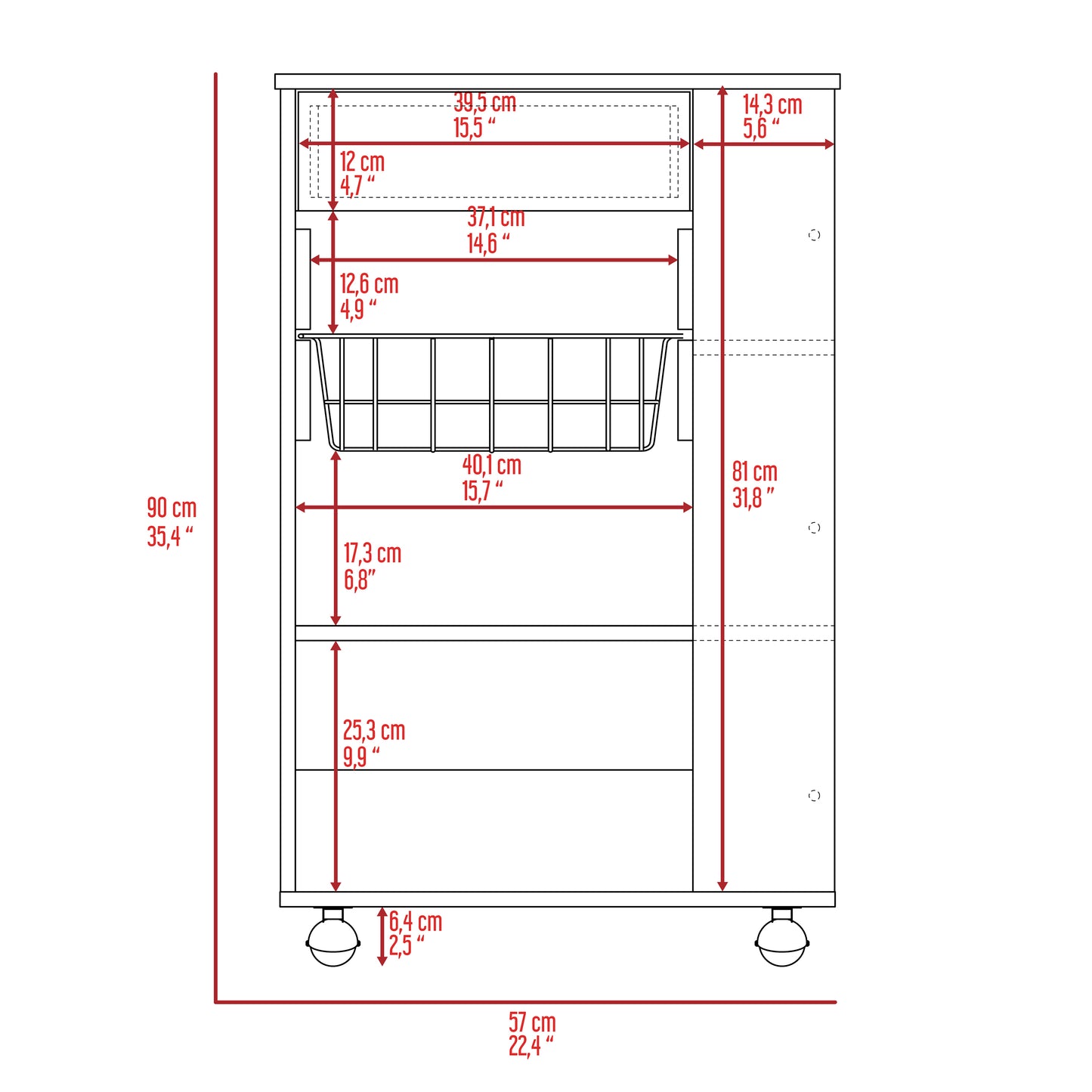 Technical drawing of a rolling cart with dimensions for shelves and basket