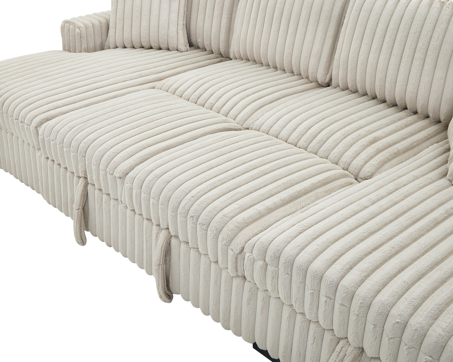 Closeup of a plush creamcolored corduroy sectional sofas texture