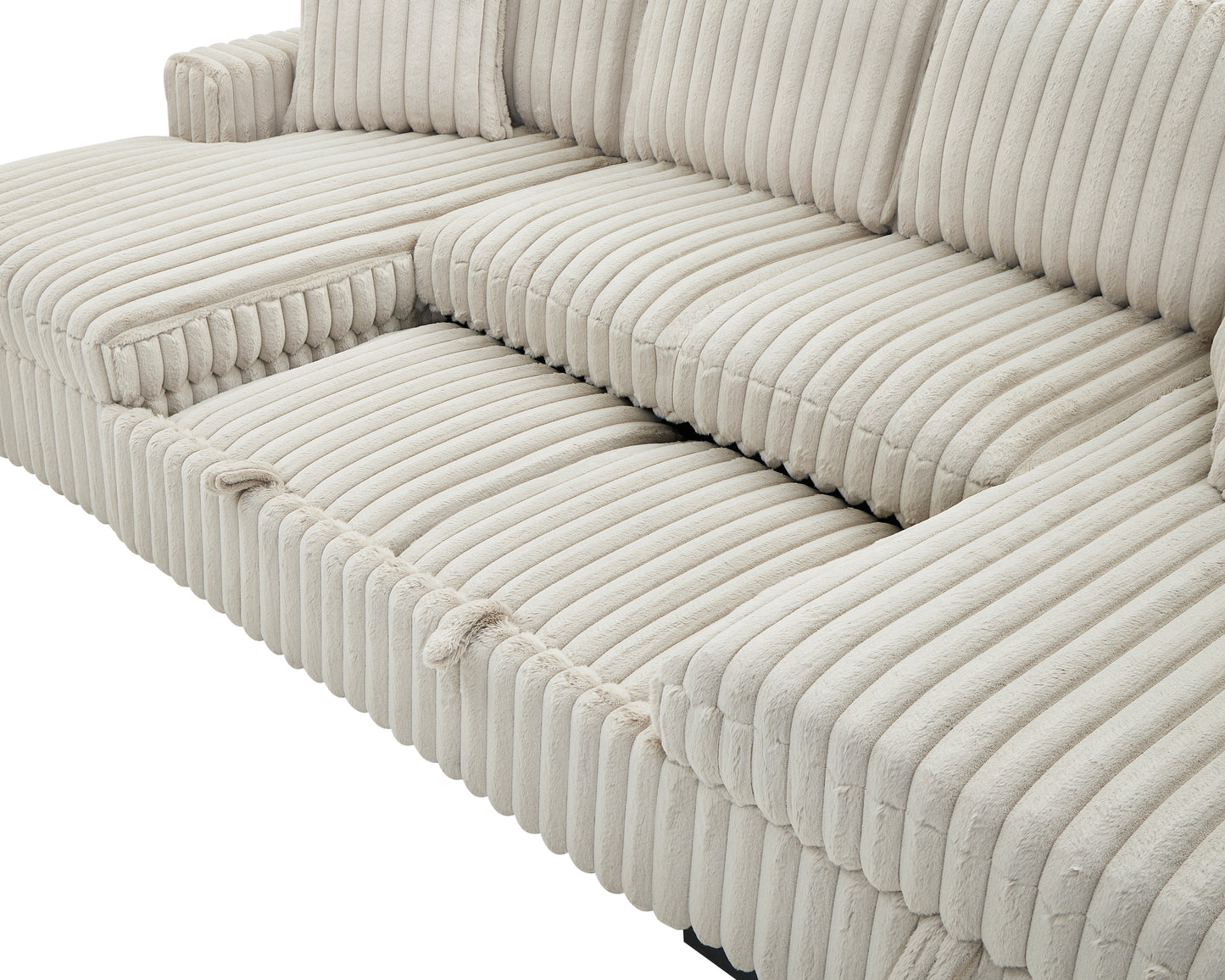 Closeup of a plush beige corduroy sectional sofas armrest and seat cushions