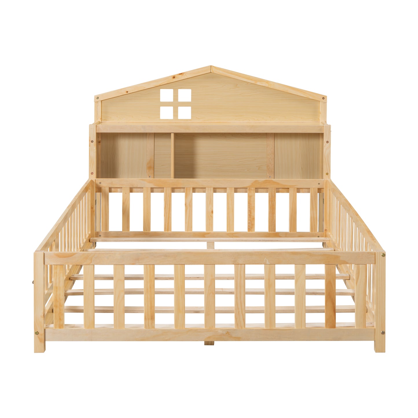 Natural wood twin house bed with slatted headboard and footboard