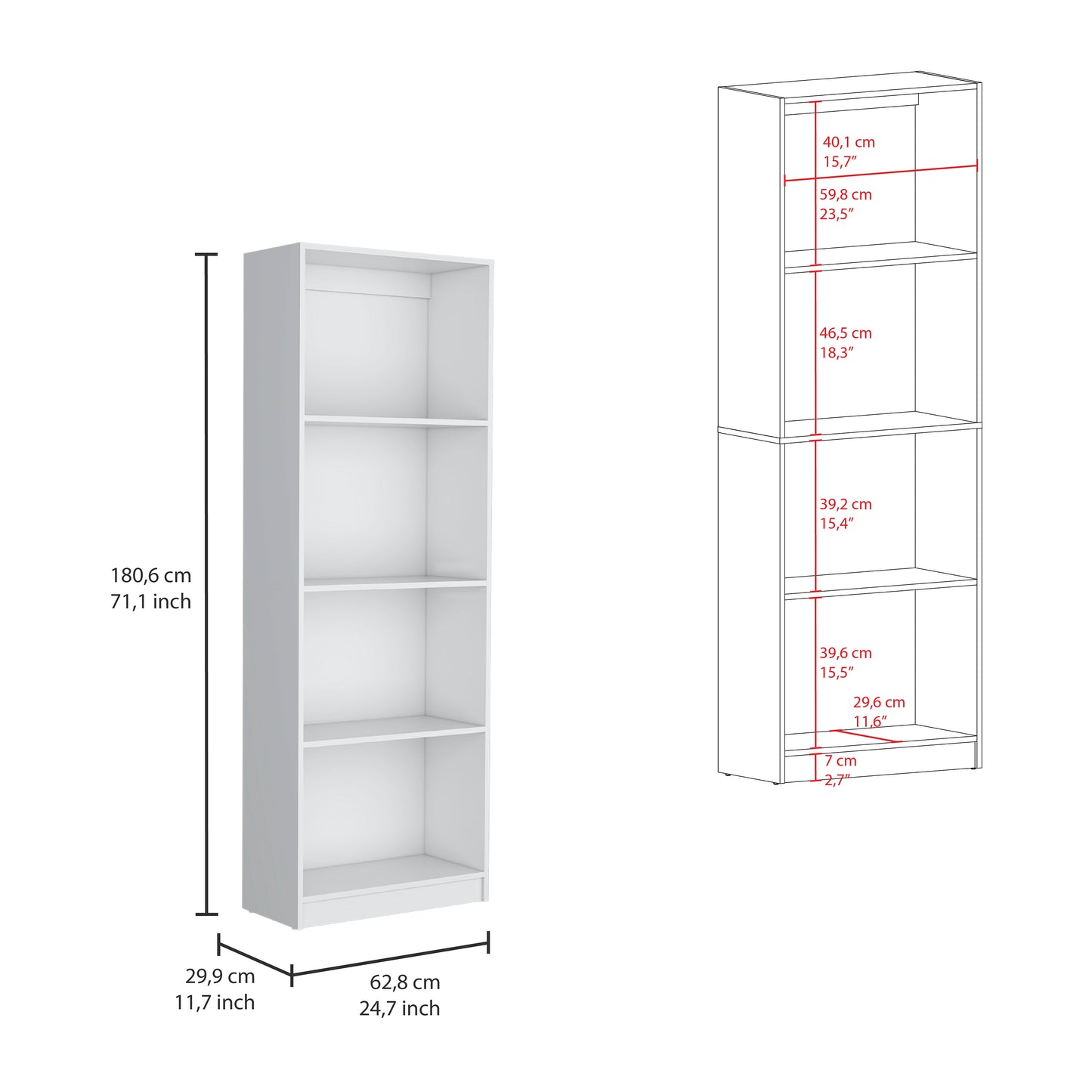 White fourshelf bookcase with detailed dimensions for height width and depth