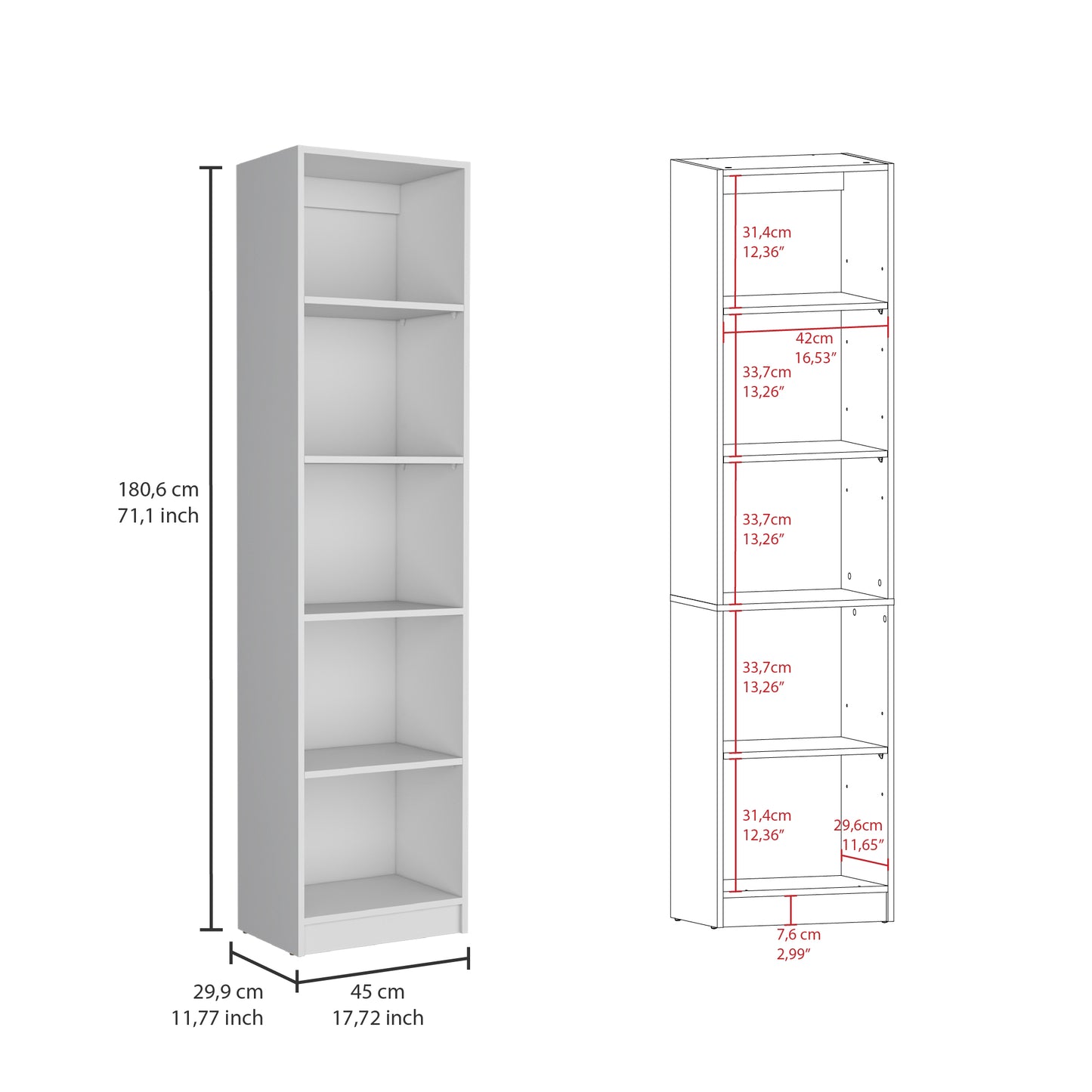 White modern bookshelf with five shelves and dimensions labeled