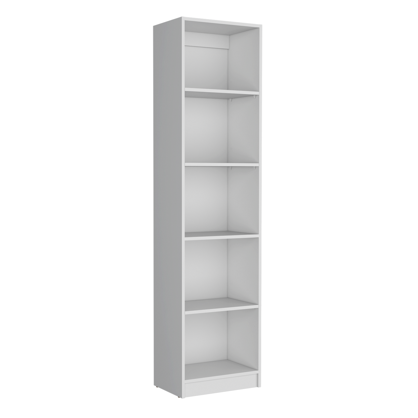 Tall white narrow bookshelf with five open shelves perfect for small spaces