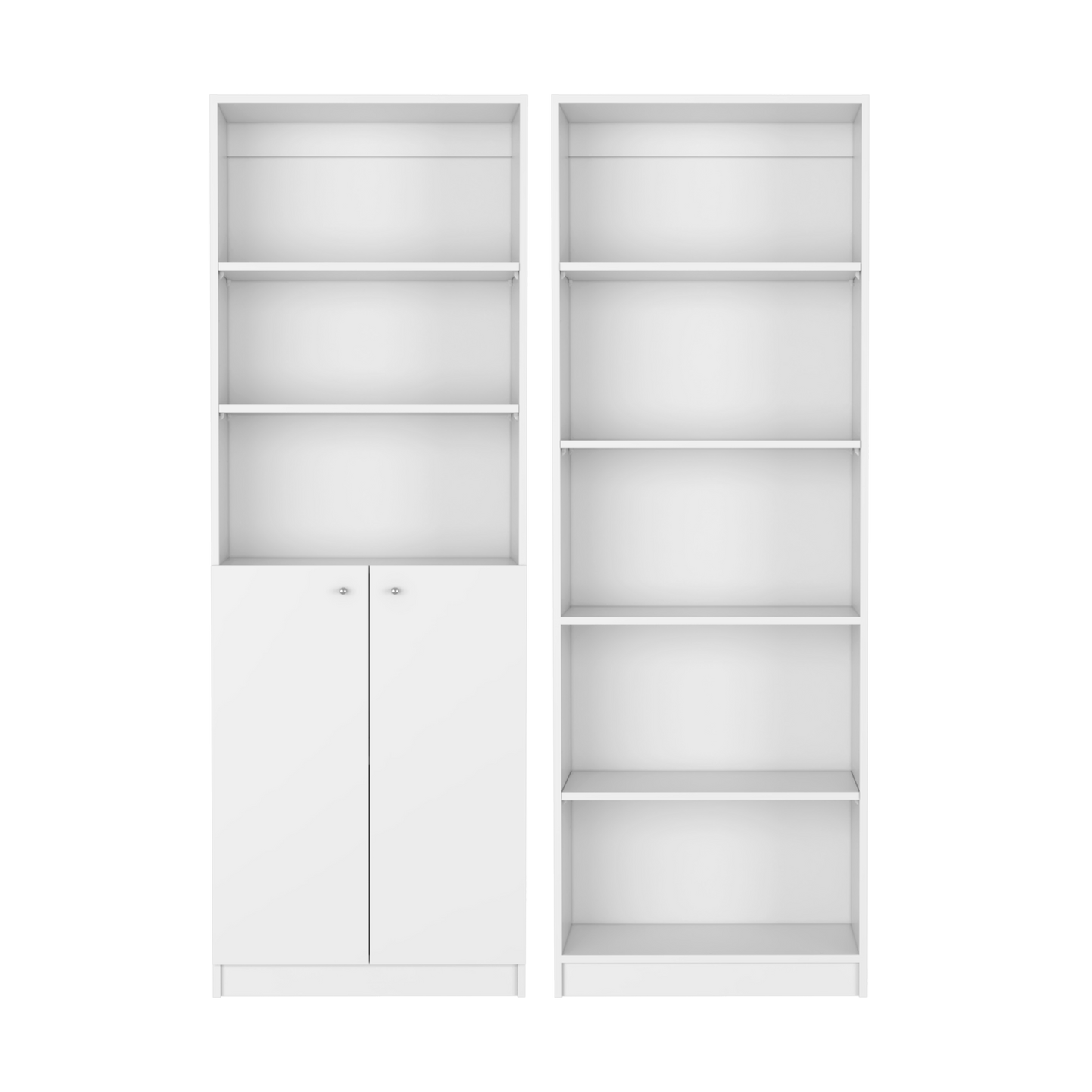 White modern bookshelf with closed cabinet base for storage