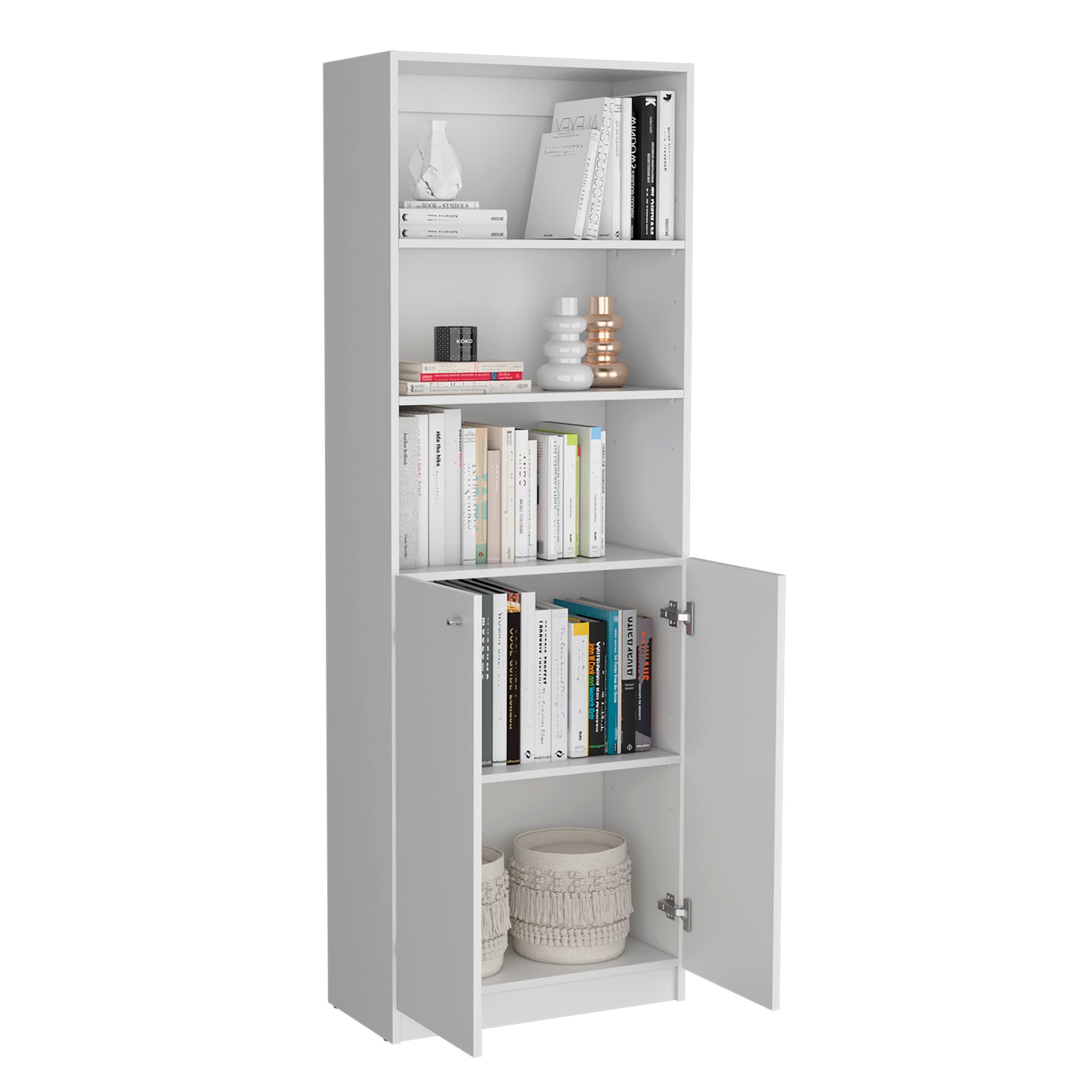 Tall white modern bookshelf with open doors and decorative items