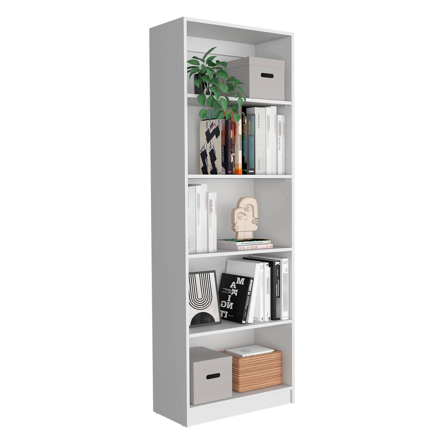 Tall white bookshelf with five shelves displaying books a plant and decorative items