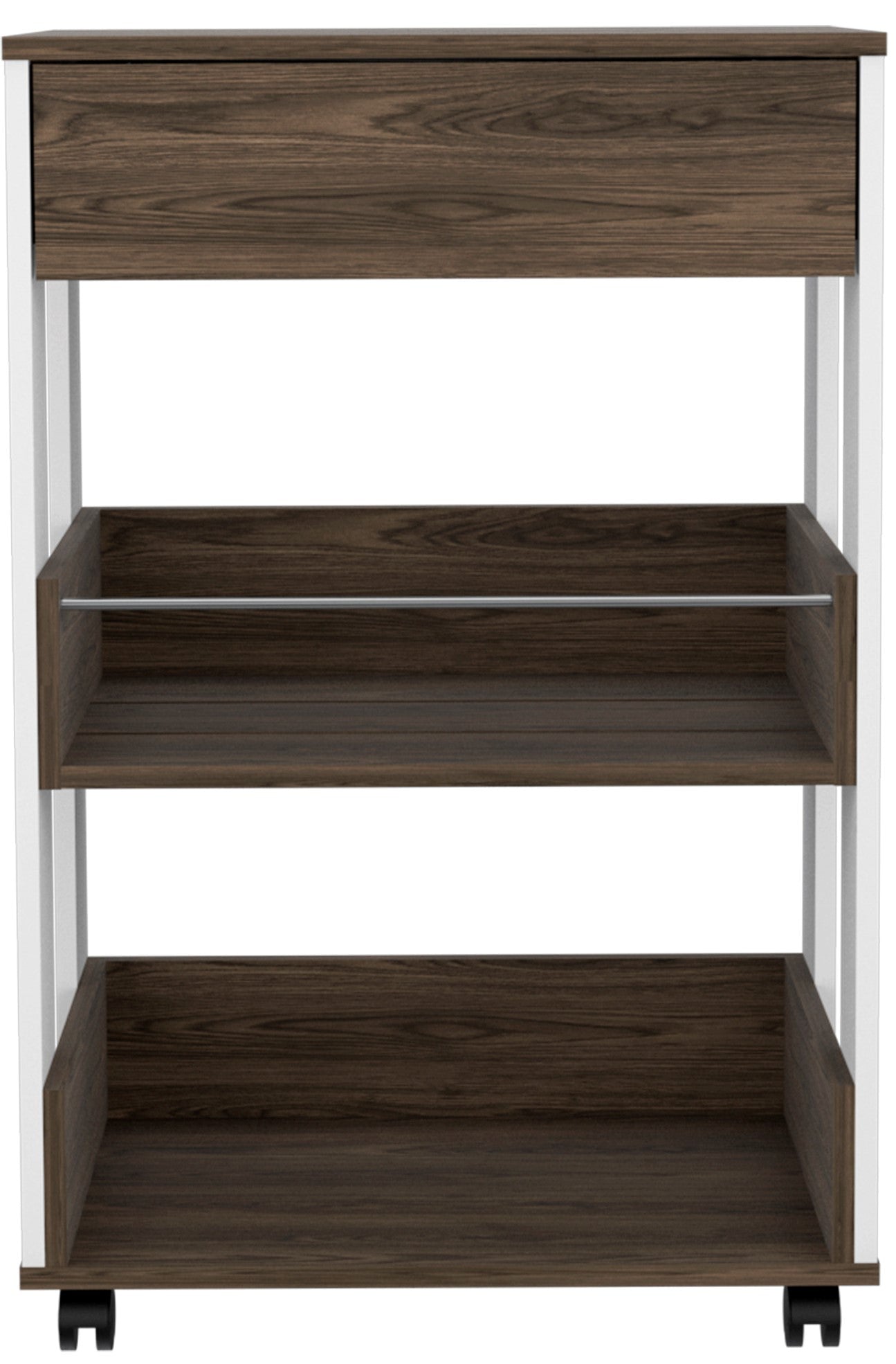 Dark wood rolling utility cart with metal frame and three shelves
