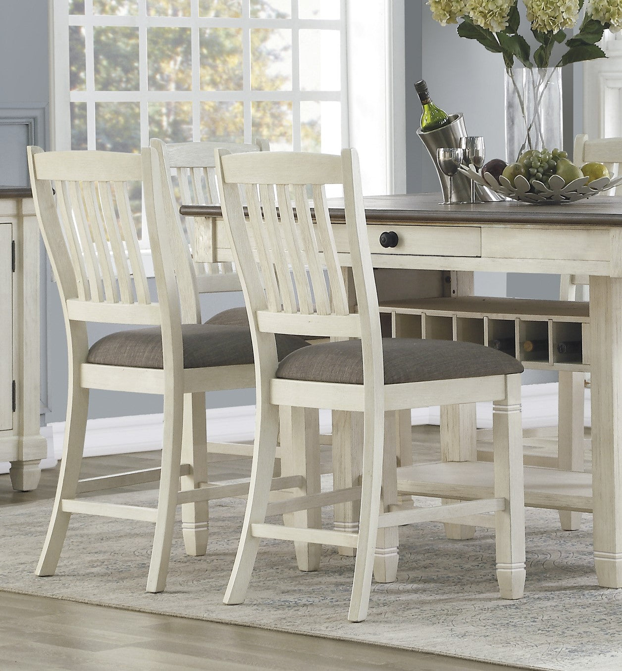 Rustic white distressed bar stools with grey upholstered seats