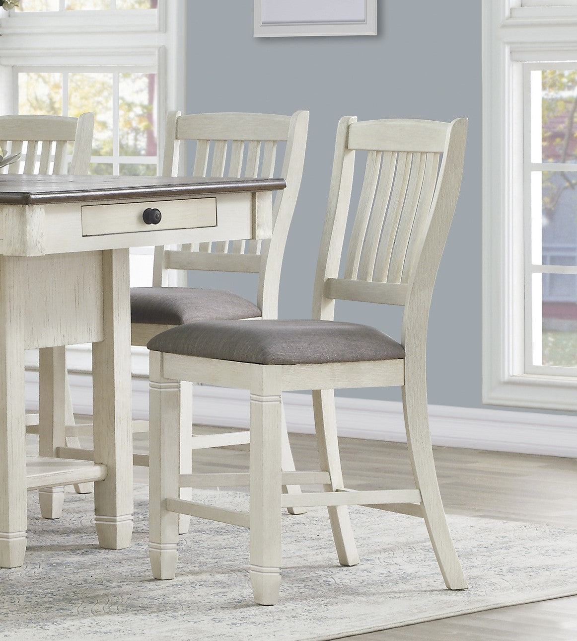 Rustic white wood bar stool with grey upholstered seat
