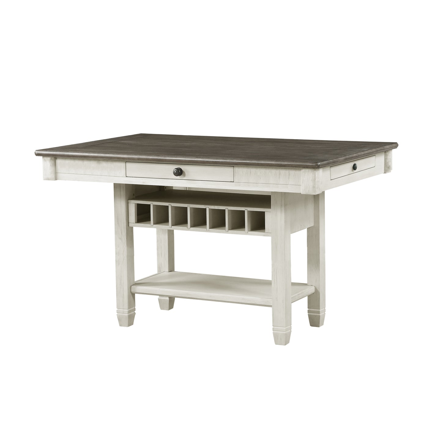 Rustic white and gray wood bar height table with wine rack and shelf