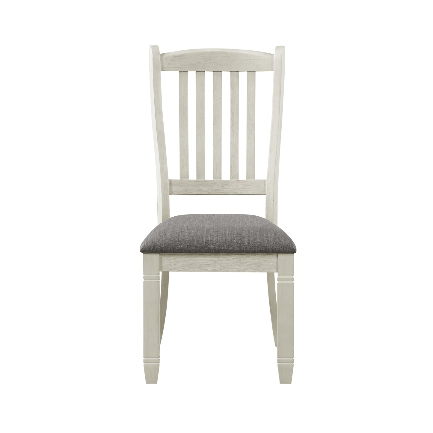 Light oak dining chair with a cushioned grey seat and slatted back