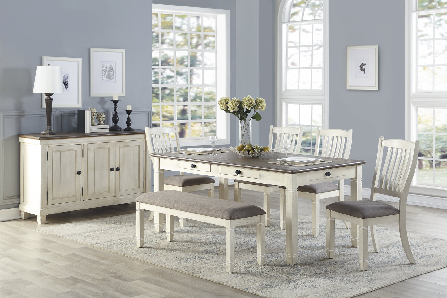 Vintage farmhouse dining table and chairs set with wood finish