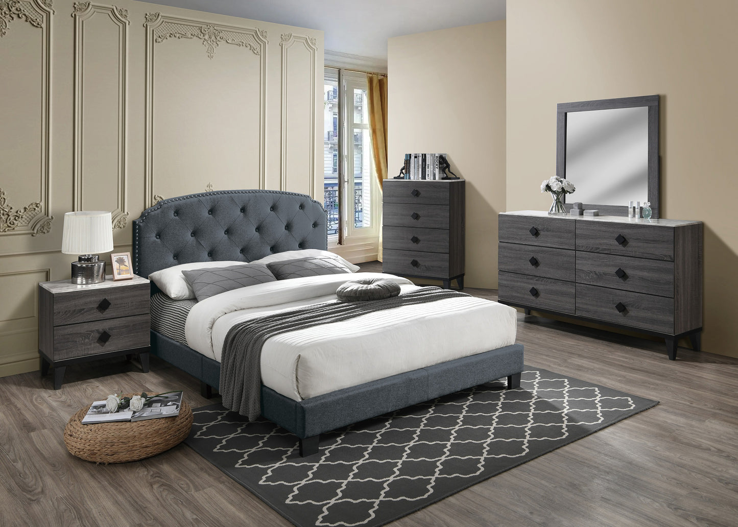 Gray tufted upholstered queen bed with diamond stitch pattern and chrome nailhead trim