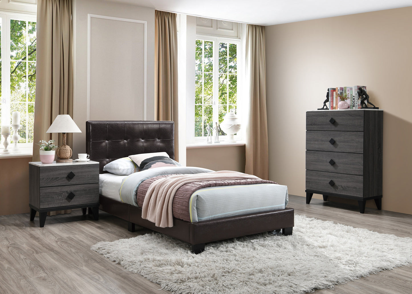 Dark brown faux leather queen bed frame with tufted headboard