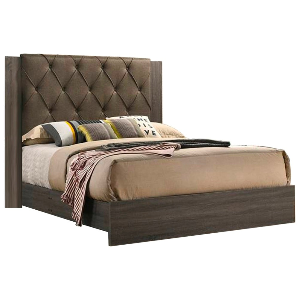 Tufted brown upholstered headboard on a dark wood platform bed frame