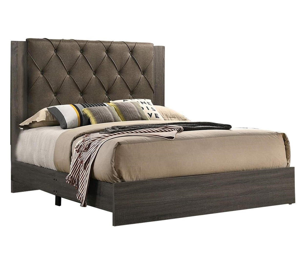 Tufted upholstered headboard queen bed in dark gray wood finish